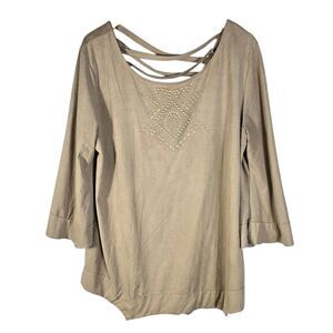 Signature Studio Tan Blouse with Embroidered Design